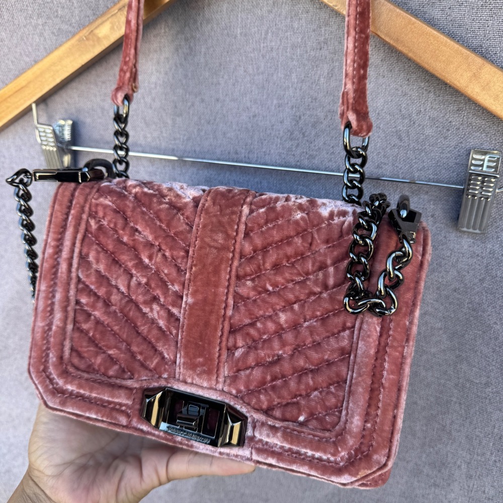 Rebecca Minkoff Small Love Crossbody Pink Velvet Chevron Quilted Gunmetal Chain